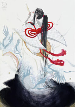 1girl absurdly_long_hair absurdres bird black_hair commentary_request crane_(animal) eyeliner feathers highres japanese_clothes kimono long_hair makeup original pale_skin parted_lips ponytail rope shiguretau solo tassel traditional_media very_long_hair white_kimono