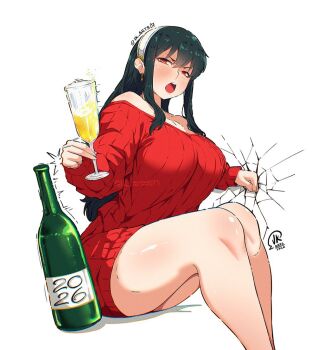 1girl breasts drunk jk_arts large_breasts punching red_eyes simple_background solo spy_x_family white_background yor_briar