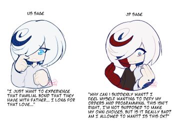 1girl 2023 20s artificial_intelligence artist_name black_dress blue_eyes blue_hair clenched_hand commentary_request comparison crying crying_with_eyes_open dress emi_(storminghearts) english_text glitch gradient_eyes hair_over_one_eye highres multicolored_clothes multicolored_eyes multicolored_hair red_dress red_eyes red_hair sage_(sonic) simple_background sonic_(series) sonic_frontiers streaked_hair tears two-tone_hair upper_body white_background white_hair wiping_tears