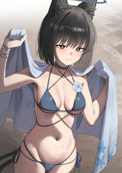 1girl animal_ear_fluff animal_ears bikini black_choker black_eyes black_hair blue_archive blue_bikini blue_halo breasts bright_pupils cat_ears cat_girl cat_tail choker commentary halo highres karadborg kikyou_(blue_archive) kikyou_(swimsuit)_(blue_archive) looking_at_viewer medium_breasts multiple_tails navel official_alternate_costume short_hair side-tie_bikini_bottom solo swimsuit tail white_pupils