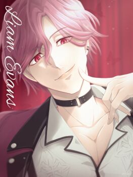 1boy bug butterfly character_name choker commentary_request ear_piercing highres ikemen_villain insect jacket liam_evans male_focus nenek0nene piercing pink_eyes pink_hair pink_jacket short_hair unworn_jacket