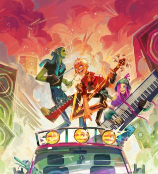 1boy 2girls :d artist_request beanie belt black_gloves black_nails black_shirt blonde_hair blue_eyes blue_pants boots breasts car casey_(no_straight_roads) choker closed_eyes commentary crocodile crocodilian denim drumsticks electric_guitar english_commentary explosion fingerless_gloves fuzzy_dice gloves green_belt green_hat guitar hat highres holding holding_drumsticks instrument jacket jeans keyboard_(instrument) lace-up_boots leg_up long_hair mayday_(no_straight_roads) motor_vehicle multicolored_hair multicolored_nails multicolored_shoes multiple_girls no_straight_roads no_straight_roads_2 official_art open_mouth pants pink_eyes pink_hair purple_tank_top red_jacket red_shoes ribbon_choker shirt shoes single_glove small_breasts smile smoke speaker tank_top twintails two-tone_hair two-tone_shoes upper_body white_nails white_shoes zuke_(no_straight_roads)