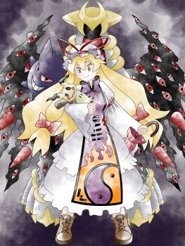 1girl black_background blonde_hair boots bow brown_boots brown_eyes cross-laced_clothes dress full_body gen_1_pokemon gen_4_pokemon gen_7_pokemon gengar giratina giratina_(altered) greatmothsucks hair_bow hat hat_ribbon highres holding holding_umbrella legendary_pokemon long_hair long_sleeves mimikyu mob_cap nintendo pokemon red_bow red_ribbon red_umbrella ribbon standing sugimori_ken_(style) tabard touhou umbrella white_dress white_hat wings yakumo_yukari