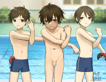 3boys alk bar_censor blue_male_swimwear blush brown_hair censored clothed_male_nude_male commentary_request commission completely_nude cowboy_shot day embarrassed exhibitionism flaccid frown male_focus male_swimwear multiple_boys nude original outdoors penis pixiv_commission poolside public_indecency raised_inner_eyebrows short_hair shota standing stretching swim_briefs testicles topless_male wavy_mouth