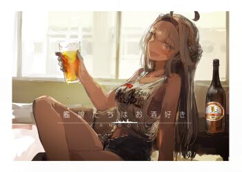 1girl ahoge alcohol alternate_costume beer black_hairband blush border bottle breasts brown_eyes brown_hair commentary_request copyright_name crossed_legs cup custom_(cus-tom) denim denim_shorts drinking_glass foam hair_between_eyes hairband holding holding_cup indoors kantai_collection kongou_(kancolle) large_breasts long_hair looking_at_viewer navel open_mouth short_shorts shorts sitting solo table tank_top translation_request white_border white_tank_top window
