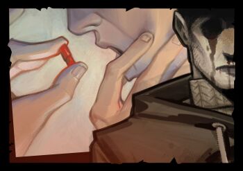 2boys afraid_of_monsters black_border black_hoodie blood border cellar_art david_leatherhoff drugs empty_eyes eyes_out_of_frame facial_hair feeding force-feeding goatee_stubble gouged_eye grabbing_own_chin head_out_of_frame highres hood hood_down hoodie looking_at_viewer male_focus multiple_boys multiple_views nosebleed paper pill split_crop stubble the_addiction_(afraid_of_monsters)