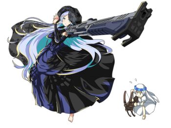 2girls armored_core armored_core_vi:_fires_of_rubicon barefoot black_dress bonnet chibi chibi_inset commentary_request company_connection doll_joints dress elden_ring elden_ring_nightreign flower_wreath flying_sweatdrops frilled_bonnet frilled_dress frills fromsoftware full_body goth_fashion gothic_lolita green_eyes gun head_wreath highres holding holding_gun holding_weapon joints juliet_sleeves lolita_fashion long_hair long_sleeves multiple_girls multiple_views official_alternate_costume puffy_sleeves revenant_(elden_ring) sanari_(quarter_iceshop) standing veil weapon white_hair