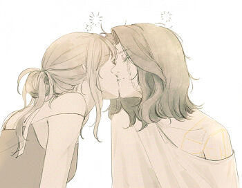 2girls camisole clair_obscur:_expedition_33 closed_eyes commentary_request hoj_duck kiss korean_commentary long_hair lune_(clair_obscur:_expedition_33) medium_hair monochrome multiple_girls ponytail sciel_(clair_obscur:_expedition_33) shirt squeans upper_body yuri