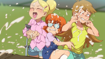 3girls annotated blonde_hair blue_shorts blunt_bangs blurry breasts brown_hair buck_teeth clenched_teeth closed_eyes collared_shirt cowboy_shot crutch cum cum_on_body cum_on_clothes depth_of_field dress ejaculation erection eyelashes eyeshadow facial facing_viewer female_focus flat_chest freckles glasses green_pants green_shirt hair_ornament hairclip handjob hetero high_ponytail jcm2 lavender_shirt loli long_hair maddie_(the_loud_house) makeup margo_roberts_(the_loud_house) multiple_girls one_eye_closed opaque_glasses open_hand open_mouth orange_hair outdoors overall_skirt palms pants parted_bangs paula_price_(the_loud_house) pink_shirt ponytail public_indecency red_scrunchie round_eyewear scrunchie shirt short_hair shorts small_breasts socks standing t-shirt teeth the_loud_house tongue tongue_out upper_body upper_teeth_only waiting_for_cum white_legwear wing_collar