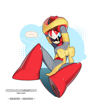 1boy absurdres assault_visor bodysuit buzzsaw_(6631455) commission full_body grey_bodysuit hashtag-only_commentary helmet highres male_focus mega_man_(classic) mega_man_(series) proto_man red_helmet ribbon solo white_background yellow_ribbon