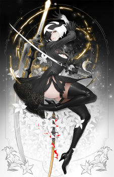 1girl 2b_(nier:automata) black_hairband blindfold blue_eyes boots breasts cleavage clothing_cutout feather-trimmed_sleeves feather_trim gloves hairband high_heels highres holding holding_sword holding_weapon juliet_sleeves large_breasts long_sleeves mole mole_under_mouth nier:automata nier_(series) nikusenpai one_eye_covered puffy_sleeves solo sword thighhighs thighhighs_under_boots virtuous_contract weapon