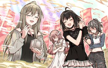 Rule 34 | 4girls, :d, ^ ^, a bad cynic doggo, ahoge, azai eimi, bessyo bell, black camisole, black choker, black hair, black pants, black shirt, blue jacket, blush, braid, braided hair rings, breasts, brown camisole, camisole, camisole over clothes, censored, choker, closed eyes, collared shirt, commentary request, crossed arms, d4dj, date-chan (d4dj), fake censor, grey hair, grey jacket, grey skirt, hair between eyes, hair ribbon, hair rings, highres, holding, interlocked fingers, jacket, long hair, medium breasts, midriff, mosaic censoring, multicolored hair, multiple girls, navel, off shoulder, open clothes, open jacket, open mouth, own hands clasped, own hands together, pants, pink hair, ponytail, ribbon, shaded face, shimazu shika, shirt, short hair, short sleeves, skirt, smile, streaked hair, sweat, swept bangs, upper body, white camisole, white ribbon, white shirt, yukitake (bullfalk)