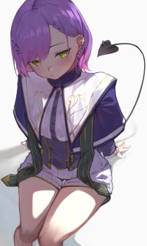 blush demon_girl demon_tail earrings green_eyes hair_ornament hololive jewelry purple_hair short_hair tail theflatfacadeds thighs tokoyami_towa