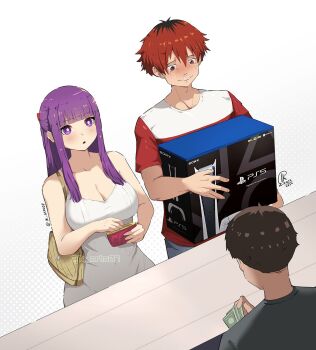 1girl 2boys bag banknote black_hair breasts brown_hair cashier cleavage coin_purse crying dress fern_(sousou_no_frieren) game_console grey_shirt handbag highres jk_arts large_breasts long_hair money multicolored_hair multiple_boys playstation_5 purple_eyes purple_hair red_eyes red_hair shirt short_hair sousou_no_frieren stark_(sousou_no_frieren) two-tone_hair white_dress