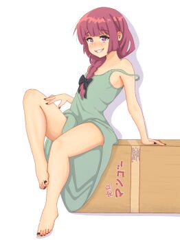 1girl bare_shoulders barefoot black_nails blush bocchi_the_rock! box braid cardboard_box clenched_teeth commentary dress english_commentary feet full_body green_dress hand_on_own_thigh highres hiroi_kikuri knee_up legs long_hair looking_at_viewer nail_polish on_box purple_eyes purple_hair side_braid simple_background sitting sitting_on_box sleeveless sleeveless_dress smile solo strap_slip teeth thighs toenail_polish toenails toes treepxiv white_background