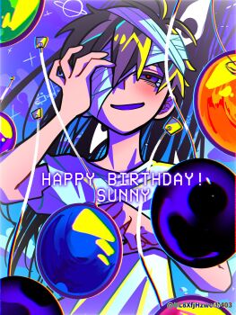 Rule 34 | 1boy, antenna hair, arm up, bandaged head, bandages, black eyes, black hair, character name, eyepatch, haiyang shengwu, happy birthday, highres, hospital gown, looking at viewer, male focus, medical eyepatch, omori, open mouth, short hair, short sleeves, smile, solo, something (omori), spoilers, sunny (hospital gown) (omori), sunny (omori), twitter username