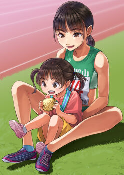 2girls :d age_difference ankle_socks black_hair brown_eyes brown_hair commentary full_body grass knees_apart_feet_together medal multiple_girls open_mouth original otsu_natsu outdoors ponytail siblings sisters sitting sitting_on_lap sitting_on_person smile socks teeth track_and_field track_uniform twintails upper_teeth_only