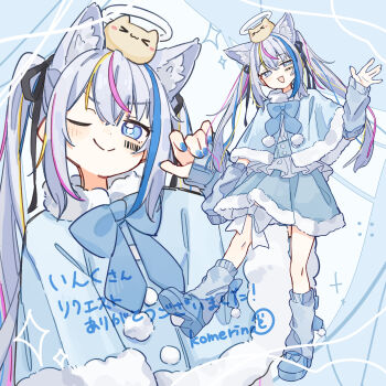 &gt;_&lt; 1girl 1other :3 :d absurdres animal animal_ear_fluff animal_ears animal_on_head arm_warmers artist_name barcode black_ribbon blonde_streaks blue_arm_warmers blue_background blue_bow blue_bowtie blue_capelet blue_corset blue_eyes blue_nails blue_shoes blue_skirt blue_socks blue_streaks blue_theme blush bow bowtie bright_pupils capelet cat cat_ears cat_girl closed_mouth commentary commission corset dot_nose footwear_bow frilled_shirt frills full_body fur-trimmed_capelet fur-trimmed_skirt fur_trim grey_hair hair_between_eyes hair_ribbon halo hand_up head_tilt highres kneehighs komerina long_hair looking_at_viewer marking_on_cheek miniskirt multicolored_hair multiple_views nail_polish on_head one_eye_closed open_mouth original pink_streaks ribbon shirt shoes sidelocks signature skirt smile socks split_mouth standing standing_on_one_leg star_(symbol) streaked_hair thigh_bow translated twintails upper_body v-shaped_eyebrows white_bow white_halo white_shirt winter_clothes