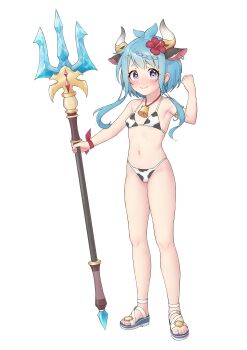 Rule 34 | 1girl, absurdres, animal ears, animal print, bell, bikini, blue hair, blush, braid, closed mouth, cow ears, cow horns, cow print, cow print bikini, cowbell, flat chest, flower, full body, hair flower, hair ornament, hairclip, halterneck, highleg, highleg bikini, highres, holding polearm, horns, long hair, mahiru (princess connect!), navel, polearm, princess connect!, print bikini, purple eyes, red flower, ruinone, sandals, sidelocks, smile, swimsuit, trident, weapon, white background, wristband