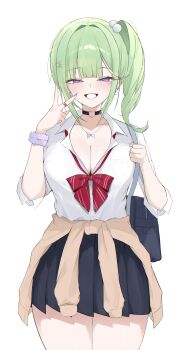 1girl absurdres bag black_choker blue_bag blunt_bangs blush bow bowtie breasts butterfly_necklace cardigan cardigan_around_waist choker cleavage clothes_around_waist collarbone collared_shirt commentary diamond_hair_ornament ear_piercing earrings elbow_carry fanged_bangs gamble_0 green_hair gyaru hair_ornament heart heart_choker highres holding holding_bag jewelry kogal large_breasts long_hair looking_at_viewer loose_bowtie multicolored_hair necklace one_side_up open_mouth piercing pleated_skirt pom_pom_(clothes) purple_eyes red_bow red_bowtie school_bag school_uniform scrunchie shirt shoulder_bag simple_background skirt sleeves_rolled_up smile solo standing stellive streaked_hair symbol-only_commentary v virtual_youtuber white_background white_shirt white_streaks wrist_scrunchie yellow_cardigan yuzuha_riko