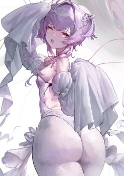 1girl ass from_behind goddess_of_victory:_nikke hako_age hashtag-only_commentary highres jellyfish_girl leotard liberalio_(nikke) one_eye_closed open_mouth pantyhose purple_hair red_eyes solo white_leotard white_pantyhose yawning