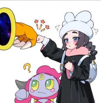 1girl ? ansha_(pokemon) backpack bag black_coat blue_eyes blush claws clenched_hand coat commentary_request eyelashes fist_bump flying_sweatdrops gen_6_pokemon hat highres hoopa hoopa_(confined) je_o_mo legendary_pokemon long_hair long_sleeves mythical_pokemon nintendo pink_scarf pokemon pokemon_(creature) pokemon_legends:_z-a portal_(object) scarf simple_background white_background white_hat