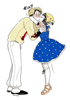 1boy 1girl bandana black_eyes black_hair black_shoes blonde_hair blue_dress blush bob_cut closed_eyes closed_mouth colored_skin commentary dress emamemamo33 flame_print forceful_kiss frilled_dress frills full_body grabbing_another&#039;s_head grabbing_another&#039;s_shoulder highres holding iridescent_hair kiss kneehighs long_sleeves looking_at_another motion_lines original pants polka_dot polka_dot_dress pompadour puffy_sleeves sandals shoes short_hair signature simple_background slippers socks speech_bubble sweat sweater tiptoes translated white_background white_pants white_skin yellow_shoes