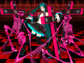 1girl 3d bone breasts ca_(deino) calne_ca_(deino) cleavage cross deino_(deino3330) female_focus green_hair hatsune_miku long_hair miniskirt skeleton skirt solo speaker thighhighs twintails vocaloid