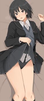 1girl amagami black_bow black_eyes black_hair black_jacket black_one-piece_swimsuit black_sailor_collar black_skirt blush bow breasts brown_eyes clothes_lift collared_shirt commentary_request competition_swimsuit highres jacket kibito_high_school_uniform lifting_own_clothes looking_at_viewer medium_breasts mobu nanasaki_ai one-piece_swimsuit pleated_skirt sailor_collar school_uniform shirt short_hair skirt skirt_lift smile solo swimsuit swimsuit_under_clothes white_shirt
