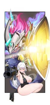Rule 34 | 1girl, absurdres, breasts, cannon, cyborg, digimon, digimon (creature), energy, gun, highres, huge breasts, metalgreymon (virus), metalgreymon (virus) x-antibody, tyrannosaurus rex, weapon