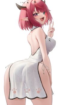 1girl :d absurdres alternate_costume ass back bare_arms blue_eyes bob_cut china_dress chinese_clothes commentary dress earclip earrings english_commentary fang from_behind halter_dress halterneck hand_up highres hololive hololive_english irys_(hololive) jewelry looking_at_viewer looking_back median_furrow official_alternate_hair_length official_alternate_hairstyle open_mouth panties panty_straps pointy_ears purple_eyes red_hair short_dress short_hair side-tie_panties simple_background sleeveless sleeveless_dress smile solo somebody_(leiking00) underwear v virtual_youtuber white_background white_dress