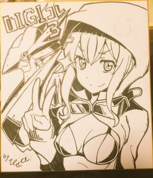 1boy 1girl :> artist_request breasts cleavage closed_mouth digimon digimon_(creature) digimon_story:_cyber_sleuth digimon_world_re:digitize double_v dragon goggles goggles_around_neck highres hood hooded_jacket jacket large_breasts long_sleeves looking_at_viewer looking_to_the_side monochrome open_clothes open_shirt partially_unzipped photo_(medium) shikishi shinomiya_rina short_hair shorts smile traditional_media ulforcev-dramon v