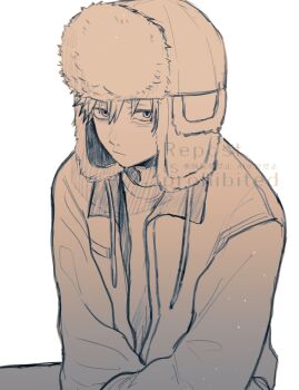 1boy alternate_costume chainsaw_man commentary_request denji_(chainsaw_man) fur-trimmed_headwear fur_trim hat highres long_sleeves looking_at_viewer male_focus monochrome on_u_u short_hair simple_background solo spiked_hair upper_body ushanka watermark white_background winter_clothes