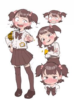 1girl armband blunt_bangs blush bow bowtie brown_bow brown_eyes brown_hair brown_skirt brown_thighhighs child clenched_teeth closed_mouth collared_shirt commentary cropped_shoulders crossed_arms crying crying_with_eyes_open embarrassed english_commentary full_body hair_bobbles hair_ornament head head_tilt highres ichigo_(possummachine) laughing long_sleeves looking_at_viewer medium_hair multiple_expressions multiple_views name_tag nose_blush open_mouth original pointing pointing_at_viewer possummachine school_uniform shirt short_twintails simple_background skirt smile smug standing tears teeth thighhighs translation_request twintails upper_body white_background white_shirt yellow_armband