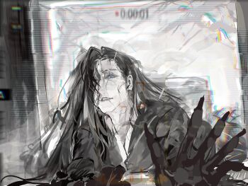 Rule 34 | 1boy, alternate hair length, alternate hairstyle, bamboo-hatted kim, black hair, black kimono, blue eyes, chromatic aberration, fingernails, greyscale, hair over one eye, highres, japanese clothes, kimono, limbus company, long fingernails, long hair, male focus, messy hair, monochrome, project moon, reaching, reaching towards viewer, recording, reflection, scar, scar across eye, scar on face, scar on mouth, shoggoth (sirens20211), spot color, timestamp, viewfinder