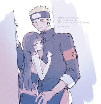 1boy 1girl bandaged_arm bandages black_hair black_shirt blonde_hair blue_eyes blush couple facial_mark forehead_protector hetero highres hyuuga_hinata konohagakure_symbol looking_at_viewer naruto:_the_last naruto_(series) shirt shirt_tug sweatdrop ting twitter_username uzumaki_naruto whisker_markings