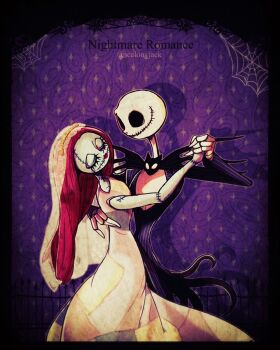 1boy 1girl dancing darkjack618 formal_clothes jack_skellington jacket long_hair long_sleeves patchwork_skin pinstripe_pattern pinstripe_suit sally_(nbc) skeleton smile stitched_face stitches striped_clothes suit the_nightmare_before_christmas