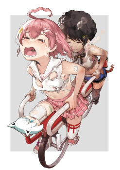afro ahoge animal_ears bandages bicycle black_bow bow burnt crying fox_ears furrowed_brow hair_ornament highres hololive kousaku oozora_subaru open_mouth pink_hair pink_skirt sakura_miko shirakami_fubuki shirt skirt smoke star_(symbol) tandem_bicycle tears thighhighs torn_clothes virtual_youtuber white_background white_shirt x_hair_ornament