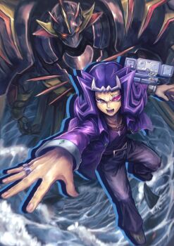 1boy absurdres armor black_armor black_helmet black_ray_lancer commentary_request deadspike_nine duel_disk duel_monster helmet highres jacket jewelry kamishiro_ryouga looking_at_viewer open_clothes open_mouth pants purple_eyes purple_hair scouter shirt short_hair spiked_hair tagme valiant_shark_lancer yu-gi-oh! yu-gi-oh!_zexal
