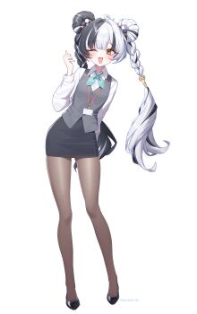 1girl absurdres ahoge alternate_costume aqua_nails arm_behind_back black_hair black_shoes black_skirt blush braid braided_twintails brown_pantyhose commentary_request dialyn_(zenless_zone_zero) dress_shirt full_body green_neckerchief grey_vest hair_extensions hand_up highres leaning_to_the_side long_hair looking_at_viewer multicolored_hair neckerchief one_eye_closed open_mouth pantyhose pencil_skirt ring_hair_extensions shirt shoes simple_background skirt solo split-color_hair taiyaki12 twitter_username vest white_background white_hair white_shirt yellow_eyes zenless_zone_zero