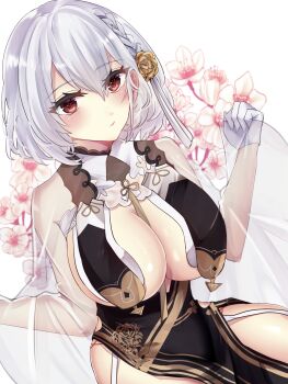 1girl azur_lane black_dress breast_curtains breasts china_dress chinese_clothes commentary_request dress flower garter_straps gloves hair_between_eyes hair_flower hair_ornament half_gloves highres large_breasts looking_at_viewer official_alternate_costume pelvic_curtain red_eyes revealing_clothes ribbon_between_breasts ruchita see-through_clothes see-through_sleeves short_hair simple_background sirius_(azur_lane) sirius_(azure_horizons)_(azur_lane) solo white_background white_flower white_garter_straps white_gloves white_hair