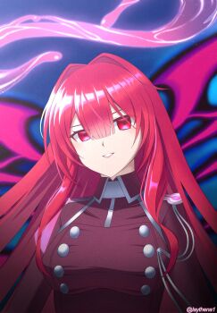 1girl breasts duel_monster exosister_karmael exosister_martha highres large_breasts laythena long_hair looking_at_viewer military_uniform red_eyes red_hair red_shirt shirt smile solo sword twitter_username weapon yu-gi-oh!