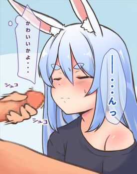 Rule 34 | 1boy, 1girl, animal ear fluff, animal ears, blue hair, blush, censored, closed eyes, closed mouth, clothed female nude male, cum, cum on body, facing another, from side, hetero, hololive, mosaic censoring, nude, penis, rabbit ears, rabbit girl, shirt, simple background, speech bubble, t-shirt, thought bubble, translated, uncensored, usada pekora, yokaranuyakara