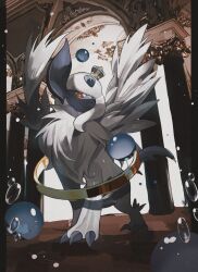 Rule 34 | absol, blue skin, border, claws, colored skin, creatures (company), crown, feathered wings, game freak, gen 3 pokemon, hair over one eye, highres, jewelry, looking at viewer, mega absol, mega pokemon, nintendo, no humans, pokemon, red eyes, reo (mmocc123), ring, water drop, white fur, white hair, white wings, wings