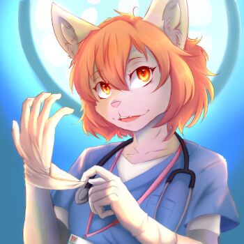 adjusting_clothes adjusting_gloves animal_ears cat_ears furry furry_female gloves highres ivy_the_wolfcat justamedicalbat lanyard latex latex_gloves medical_scrubs original stethoscope surgical_light