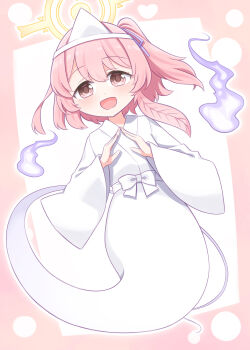 1girl :d alternate_costume blue_archive commentary_request commission feather_hair full_body ghost_tail halo hands_up harada_(sansei_rain) highres hitodama japanese_clothes kimono long_sleeves looking_at_viewer one_side_up open_mouth pink_eyes pink_hair right-over-left_kimono serina_(blue_archive) short_hair skeb_commission smile solo steepled_fingers triangular_headpiece white_kimono wide_sleeves yellow_halo