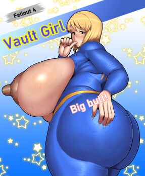 1girl ass blonde_hair breasts fallout fallout_4 female_focus highres mob_face nipples solid_oval_eyes text_focus vault_girl ponkotsu_(robolobo4956)