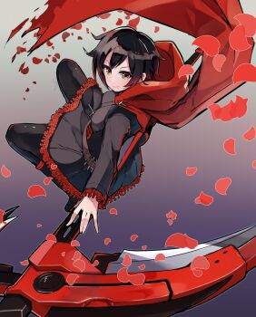 1girl black_footwear black_hair black_pantyhose black_shirt black_skirt cape closed_mouth crescent_rose dress_shirt frilled_skirt frilled_sleeves frills gradient_background gradient_hair grey_background hair_between_eyes highres holding holding_scythe hood hood_down hooded kokokashira_(koko_ni_iru) long_sleeves miniskirt multicolored_hair pantyhose petals red_cape red_hair ruby_rose rwby scythe shirt short_hair skirt smile solo v-shaped_eyebrows yellow_eyes