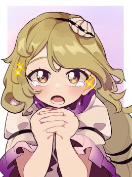 1girl blonde_hair blush clam_shell_ornament commentary_request dress frills hands_up interlocked_fingers long_hair lower_teeth_only open_mouth short_sleeves solo tearing_up teeth touhou upper_body watari_nina white_dress yamase yellow_eyes