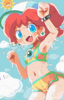 1girl angry_sun blue_sky breasts brown_hair cloud commentary crop_top earrings fang flower_earrings hat highres ikaheigen jewelry long_hair looking_at_viewer mario_(series) mario_kart mario_kart_world navel nintendo open_mouth orange_shorts ponytail princess_daisy princess_daisy_(swimwear)_(mario_kart_world) shorts sky small_breasts smile symbol-only_commentary water wet